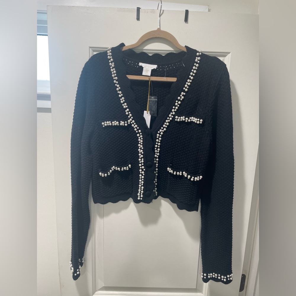 House of Harlow 1960 Black Cardigan with Pearl Details